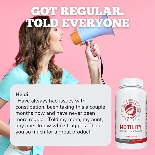 A square-format static ad featuring a customer testimonial praising the product's effectiveness for regularity, paired with a megaphone visual hook.